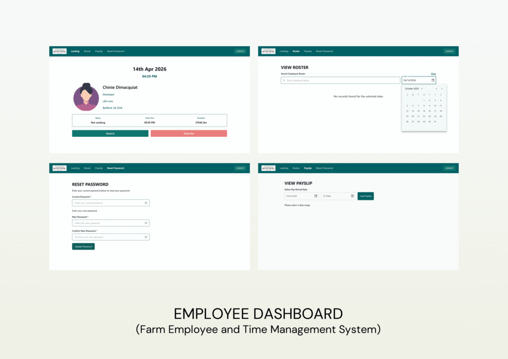 Photo showing a compilation of 4 screenshots of the employee dashboard of Farm Employee and Time Management System project.